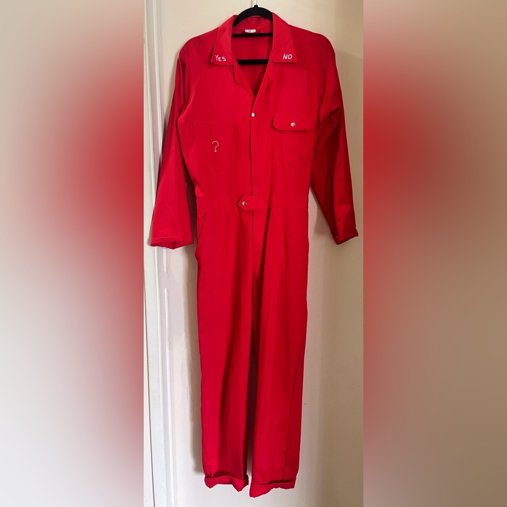 Rare red jumpsuit by Penelope Gazin, designer of Fashion Brand Company.